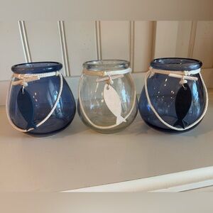 Set of 3 Nautical Glass Candle Holders - Blue and Clear with wooden fish charms